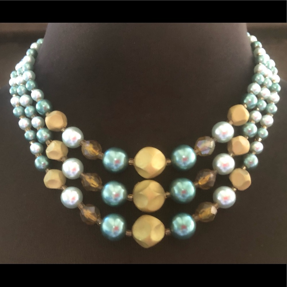 Vintage Japan Three Strand Beaded Necklace